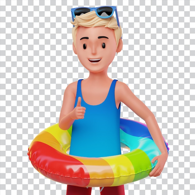 3d illustration cartoon character of cute man with a colorful inflate ring on his summer vacation