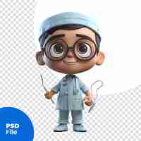 PSD illustrazione 3d di un personaggio dei cartoni animati con stetoscopio e strumenti modello psd