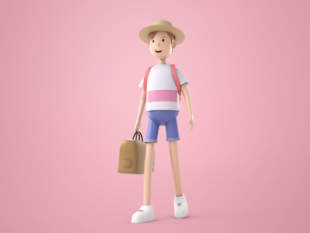 Personaggio dei cartoni animati con illustrazione 3d di un giovane backpacker che indossa un sombrero con uno zaino e una borsa in mano