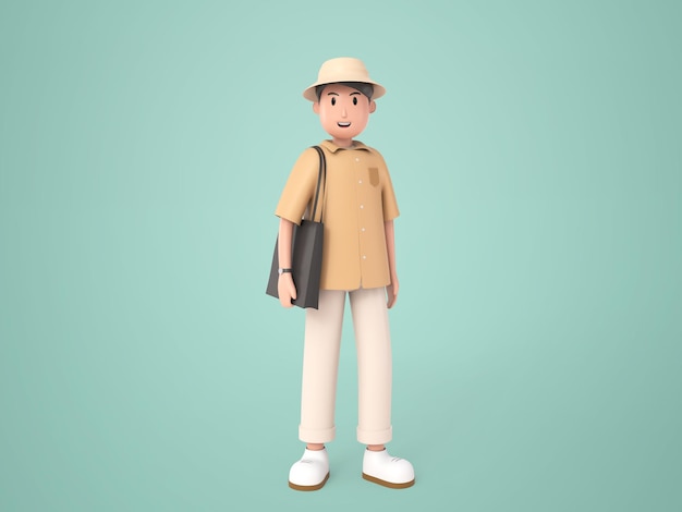 3D illustration cartoon character young travel man wearing sumbrero and shoulder bag standing with smile