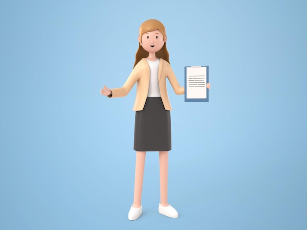 PSD 3d illustration cartoon character young working woman standing and show clip board to present work on white