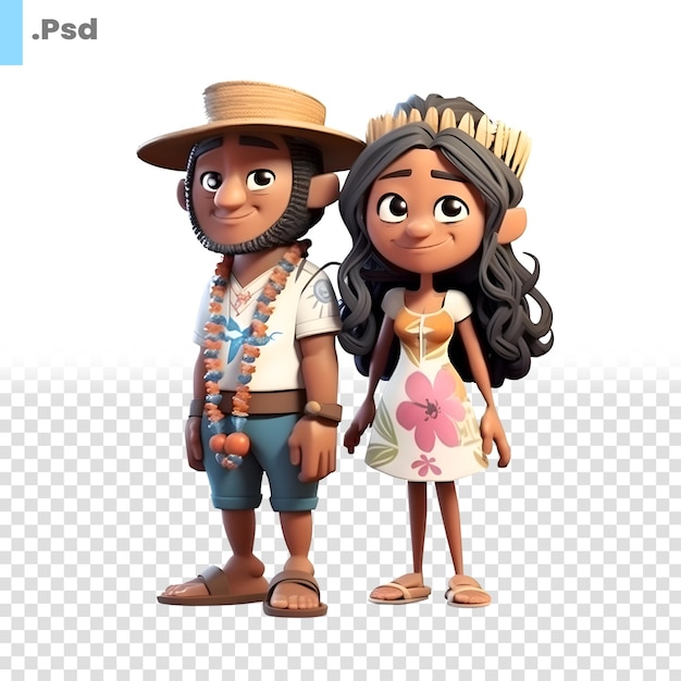 PSD 3d illustration of a cartoon couple wearing native american clothes psd template