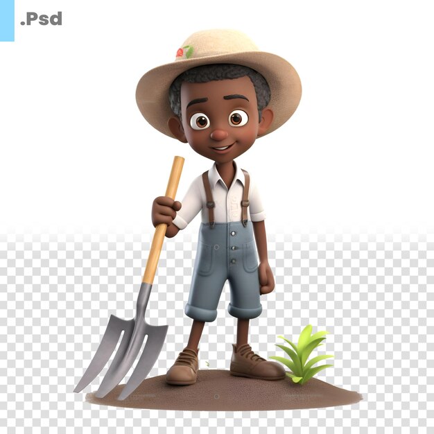 PSD illustrazione 3d di un contadino di cartoni animati con una pala e piante modello psd
