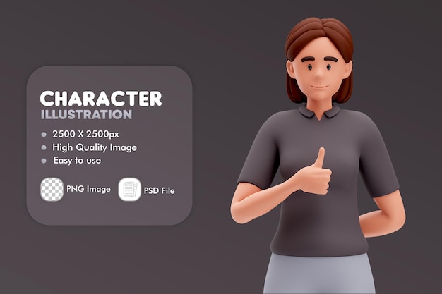 3d illustration of cartoon girl make thumbs up hand gesture with left hand