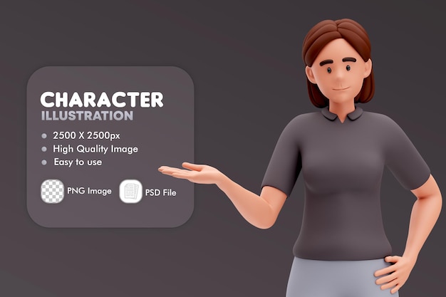 3D-иллюстрация мультяшной девушки, представляющей левую сторону левой рукой