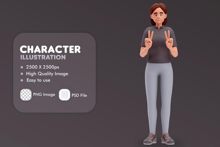 PSD 3d illustration of cartoon girl show peace sigh with both hand photoshoot gesture