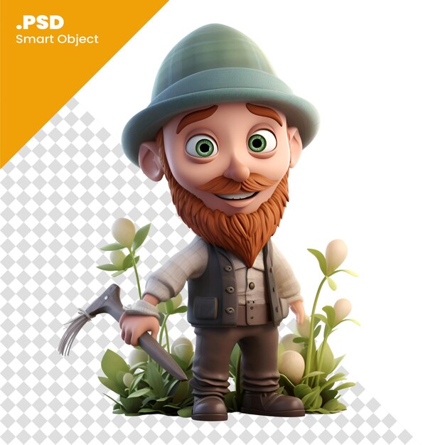 Illustrazione 3d di un leprechaun del fumetto con il modello psd degli attrezzi da giardino