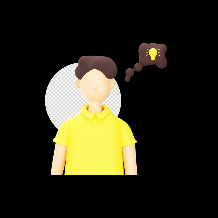 PSD 卡通少年與閃亮的燈泡在黑色背景下的3d插圖