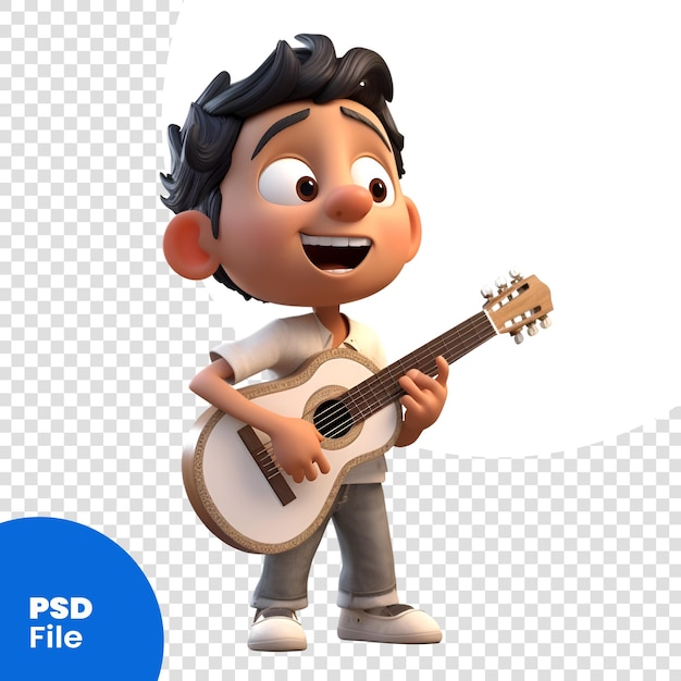 PSD illustrazione 3d di un ragazzo casuale con la chitarra isolata su sfondo bianco modello psd