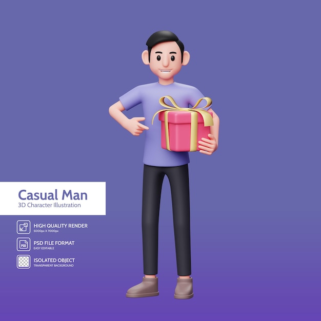 3D illustration of casual man pointing at the gift he brought with his left hand to give to his girlfriend on valentine's day