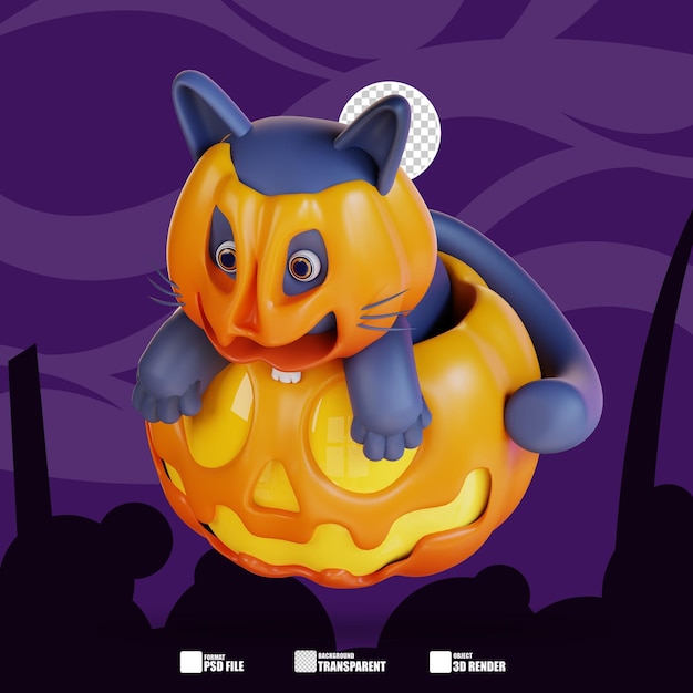 PSD 3d illustration of cat and halloween pumpkin 2