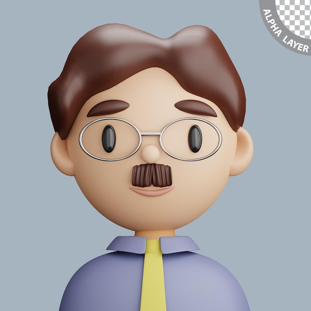 3D illustration of caucasian man Cartoon close up portrait of standing man with a mustache on a gray background 3D Avatar for ui ux