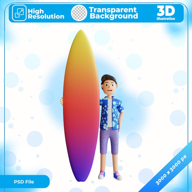 PSD personaggio di illustrazione 3d che trasporta una tavola da surf