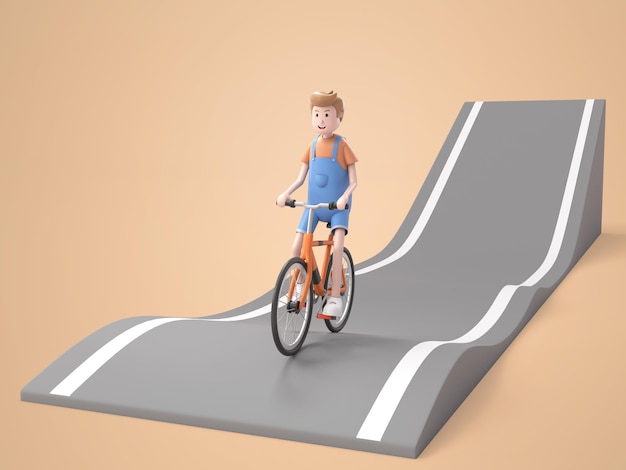 PSD il ragazzo carino del personaggio dell'illustrazione 3d si diverte ad andare in bicicletta sul rendering della strada