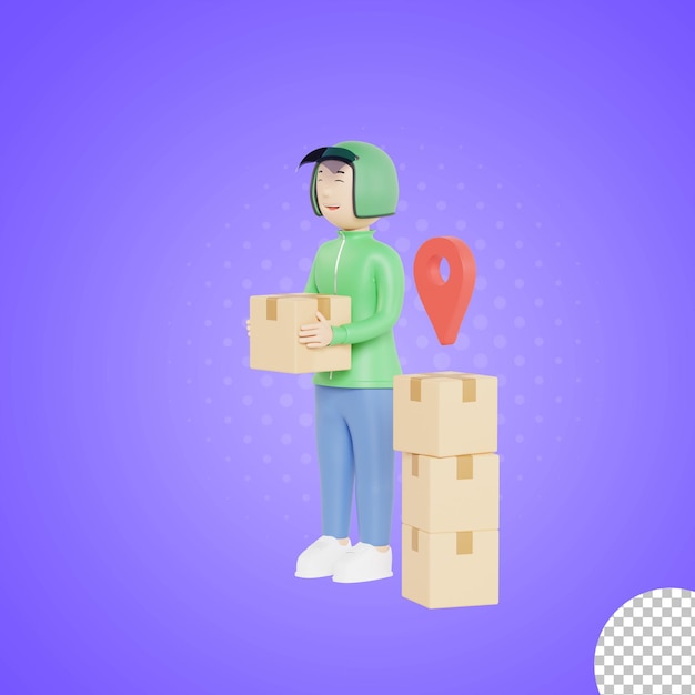 3d illustration character male in delivery uniform holding box express service shopping