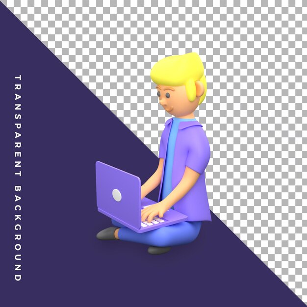 3d illustrazione personaggio maschio seduto lavorando utilizzando laptop isolato