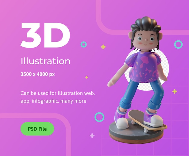3d иллюстрации персонаж играет на скейтборде с подиумом, используемым для инфографики веб-приложений и т. д.