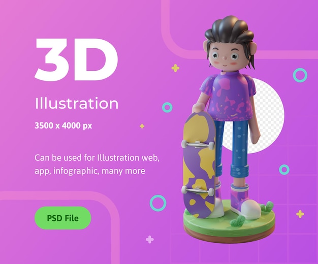 3d illustration character playing skateboard with a podium used for web app infographic etc