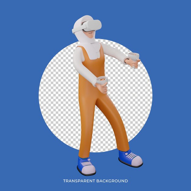 PSD 3d illustration character pose hijab playing virtual reality