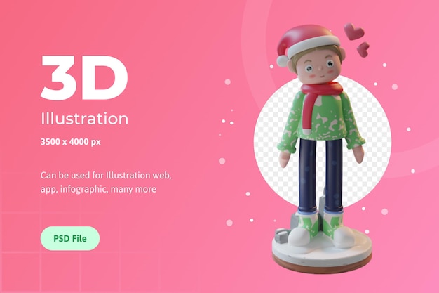 Illustrazione 3d personaggio con sciarpa e cappello natale utilizzato per banner infografica di app web ecc