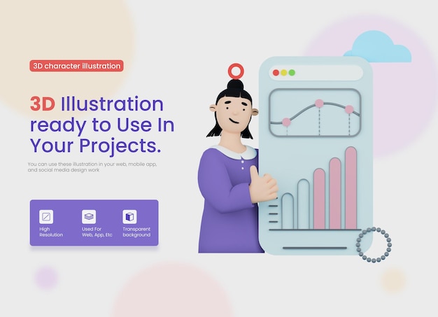 3d illustration character woman doing startup graphic presentation