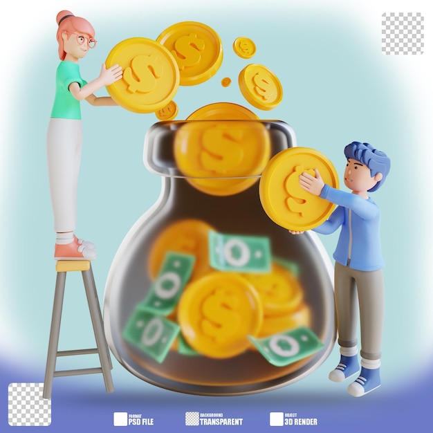 PSD 3d illustration character woman and man saving money 2