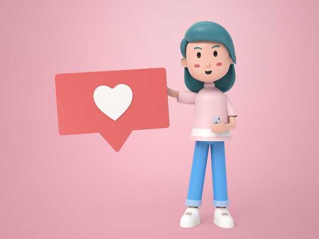 3D illustration character of young woman standing with love envelope sign as email on mobile phone rendering