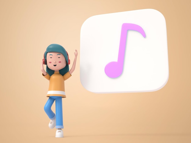 3d illustration character of young woman with headphone standing and listening music near eighth music note rendering