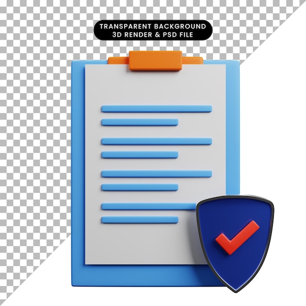 3d illustration of checklist concept paper board with shield checklist