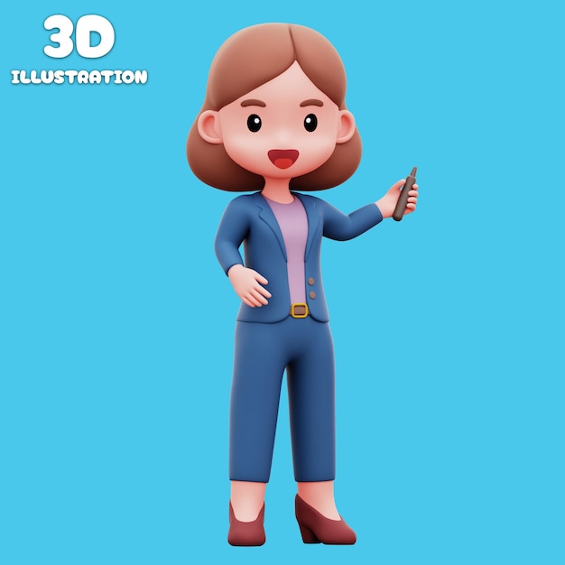 携帯電話を握っている陽気なビジネス女性の3Dイラスト
