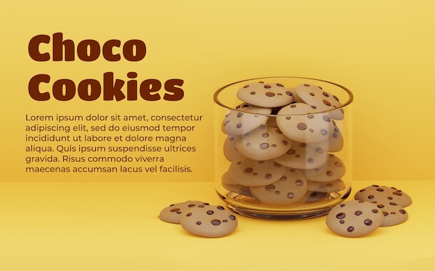 3d illustration of chocolate chip cookies in a glass jar