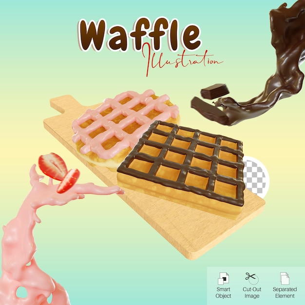 PSD 3d illustration chocolate and strawberry glazed waffle on cutting board for social media element