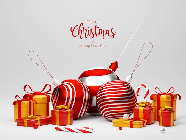 PSD 3d illustration of christmas ball and gift box on white background