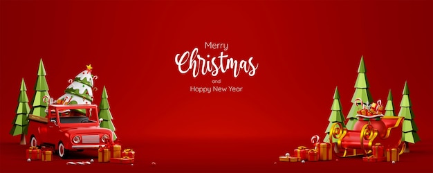 3d illustration Christmas banner of  Christmas truck and sleigh on red background