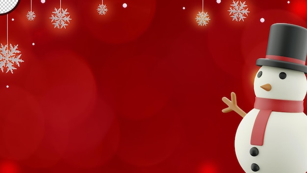 PSD illustrazione 3d striscione natalizio su sfondo rosso con simpatico pupazzo di neve e fiocchi di neve nello spazio della copia