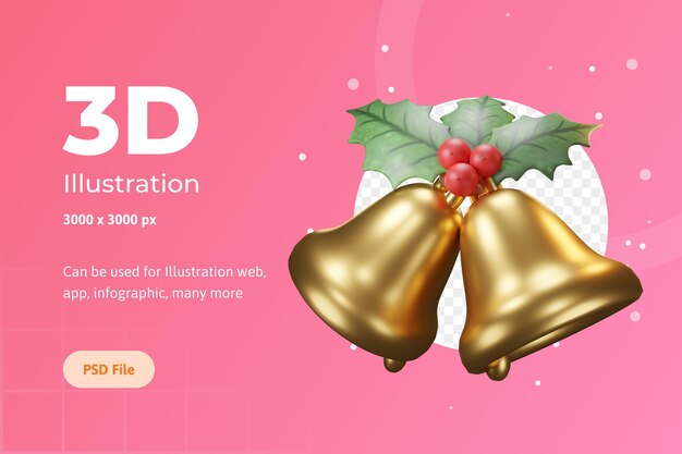 PSD illustrazione 3d oggetto natalizio, campana con fiore poinsettia, per web, app, infografica, ecc