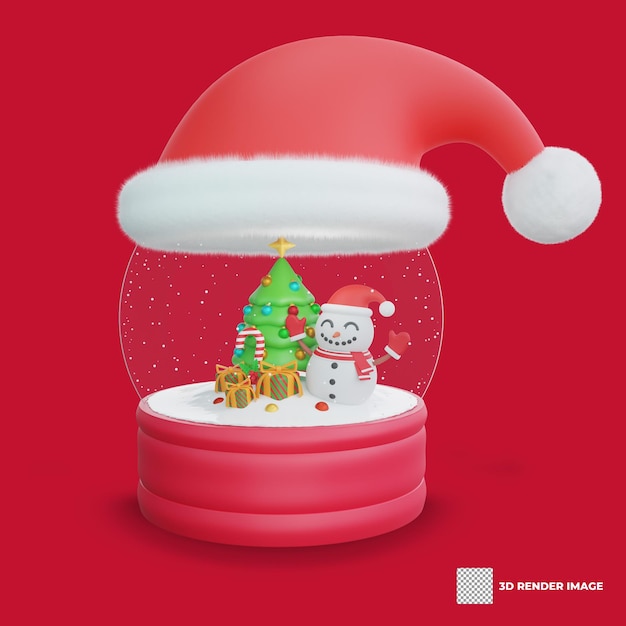 PSD 3d illustration of christmas snow globe with santa hat christmas decoration design