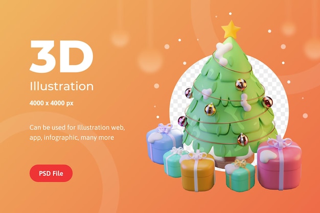 PSD 3dイラストクリスマスツリーとウェブアプリのインフォグラフィック広告に使用されるスター付きギフト