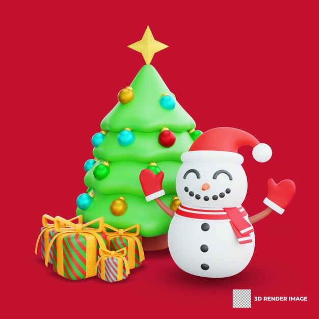 Illustrazione 3d dell'albero di natale e del pupazzo di neve con il design della decorazione natalizia dei regali