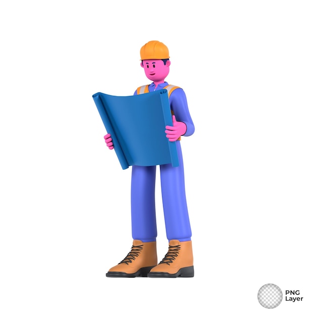 地図を手に持っている土木工の3Dイラストは,建物の精密な計画を示しています