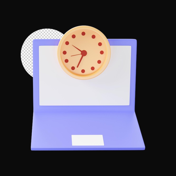 PSD 3d illustration of clock with laptop over black background