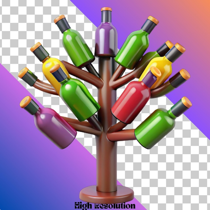 PSD 3d illustration of colorful bottles hanging from a tree branch