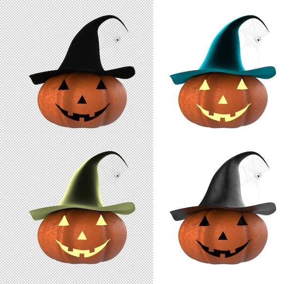 PSD illustrazione 3d di una zucca di halloween colorata con cappello