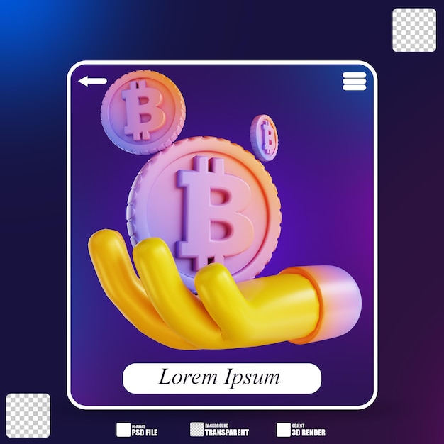 3D 그림 다채로운 손과 bitcoin 4