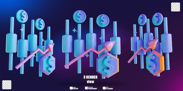 PSD 3d иллюстрация красочный график роста денег свечной график