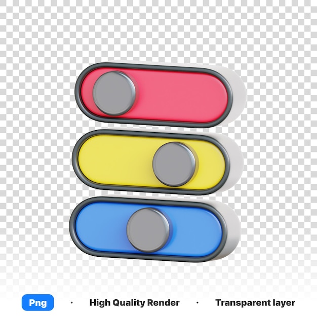 PSD 3d illustration of a colorful set of metal multicolored batteries in transparent background