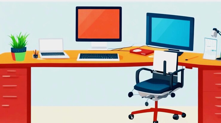 PSD 3d illustration of computer desk and table isolated on a white background