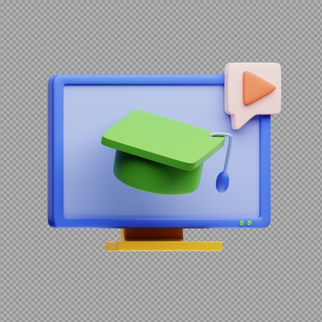3D illustration of a computer screen with a green cap on it and play icon in transparent background