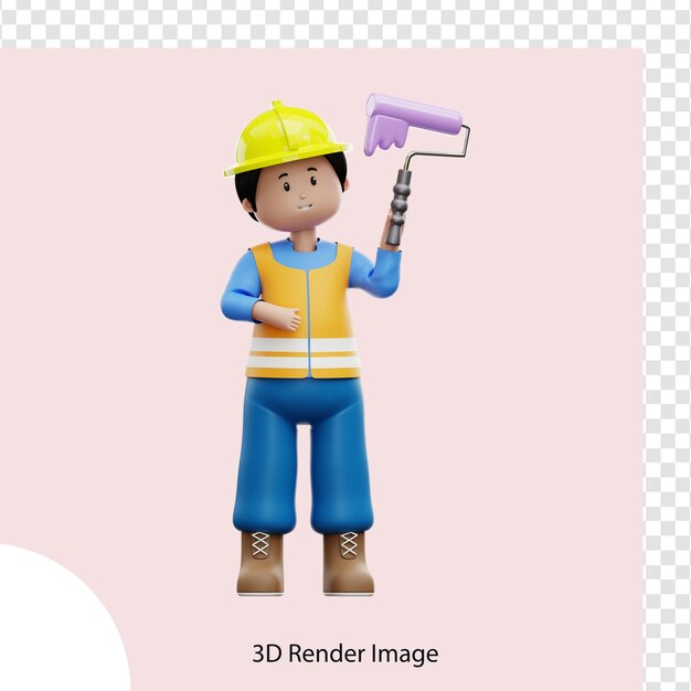 3d illustration construction worker with paint roller