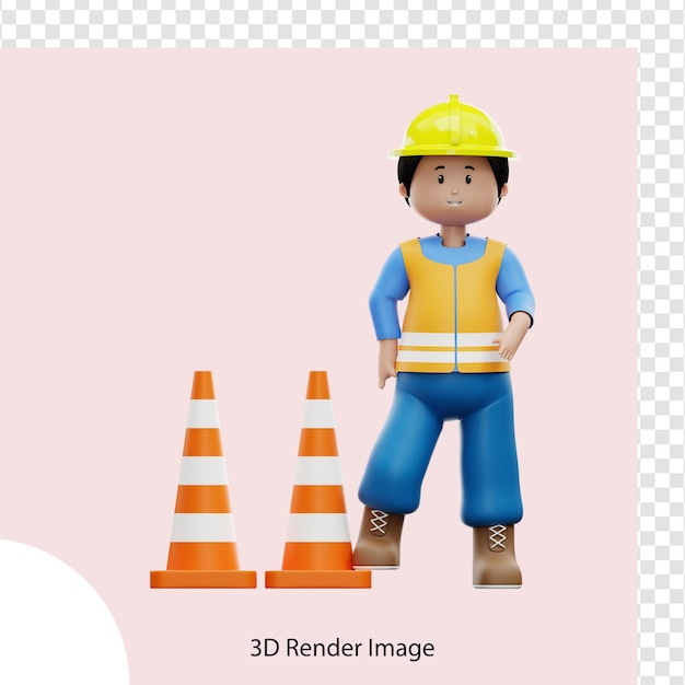 PSD 3d illustration construction worker with traffic cone